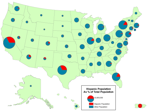 A pie chart US map showing hispanic population as % of total population for each state.