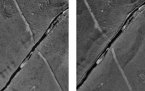 Two aerial images that make up a stereopair. One looks like line bends to left, the other looks like it bends right