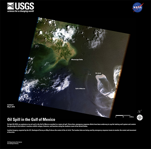 Georeferenced Landsat scene of the oil spill in the gulf shaped like a skewed parallelogram