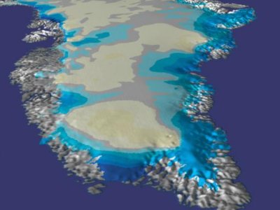Composite lidar image showing decreasing thickness of Greenland ice sheet around the coasts