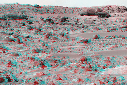 Anaglyph stereo image of the surface of Mars through red-green glass