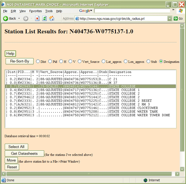 Screenshot of NGS DATASHEET StationList Results from NOAA website