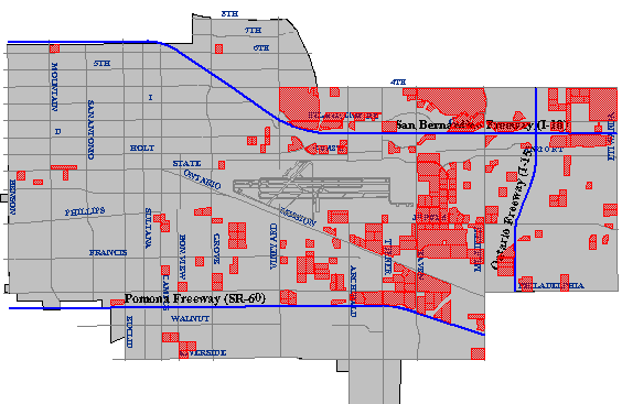 Map of property parcels five acres or larger in Ontario, California