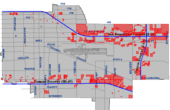 Map of property parcels within one mile buffer of a highway in Ontario, California