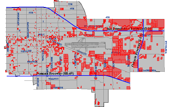 Map of property parcels zoned commercial in Ontario, California