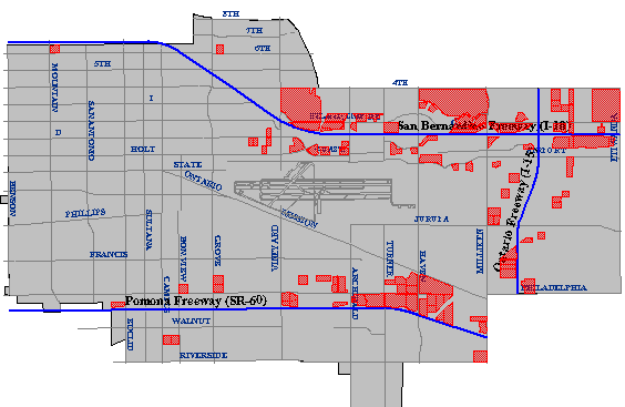 Map showing parcels that meet all search criteria in Ontario, California