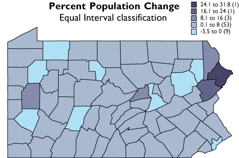 PA map showing the equal interval classifications of the percent population changes for each county. Mostly 1 color
