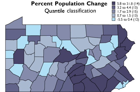 PA map showing the quantile classifications of the percent population changes for each county, lots of different colors