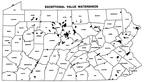 Map of Pennsylvania showing exceptional value watersheds, most are in north-central PA
