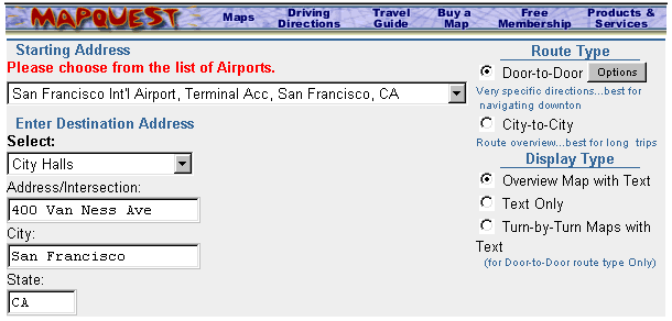 Screenshot of MapQuest 1998 from front door to airport 