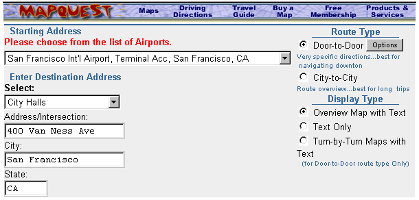 Screenshot of MapQuest 1998 from front door to airport