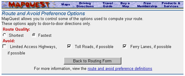 Screenshot of MapQuest options window