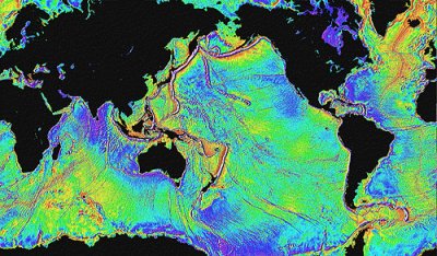 Satellite image showing global bathymetry predicted from
sea surface elevations