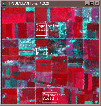 Agricultural fields with certain fields highlighted. vegetation field show in red, other field showing in blue/green