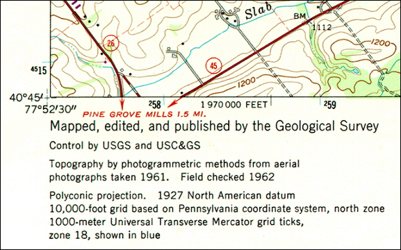 Southwest corner of a USGS topographic map of Pine GroveMills from 1962