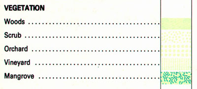 Selected vegetation categories shown as the patterns depicted on USGS topographic maps (woods, scrub, orchard, vineyard, mangrove)