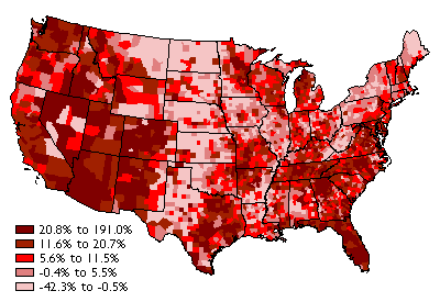 US map showing percent population change by county from 1990 - 2000; most areas had high increases.