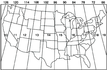 Map showing UTM zones numbers 10 through 19