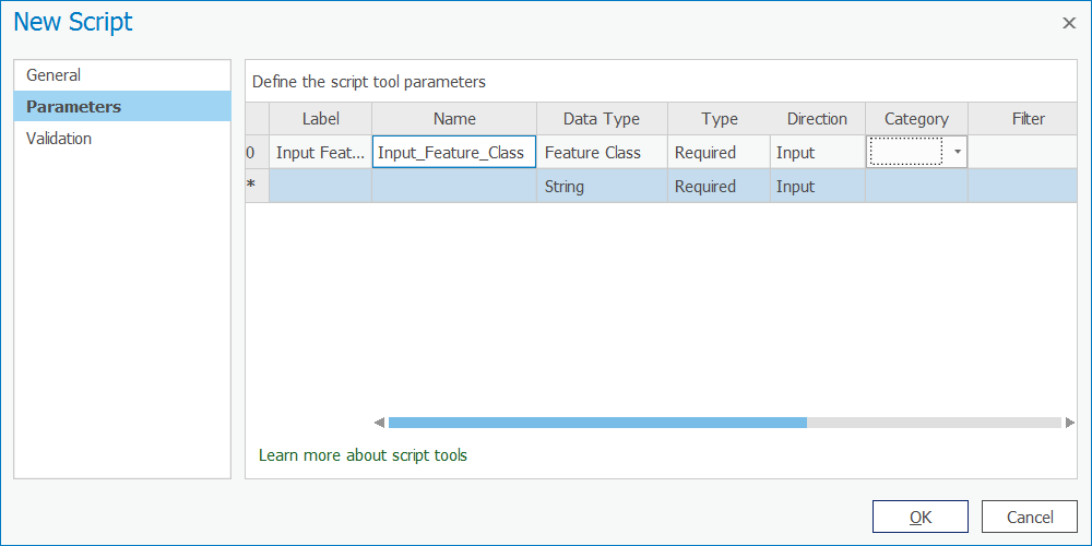  A screen capture to show "setting the first parameter" in the Add Script dialog box
