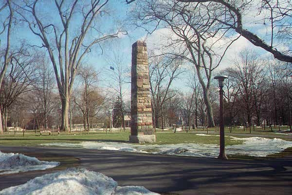 the Penn State Obelisk, a 33-foot-tall column made up of 281 building stones from locations around the state of Pennsylvania.