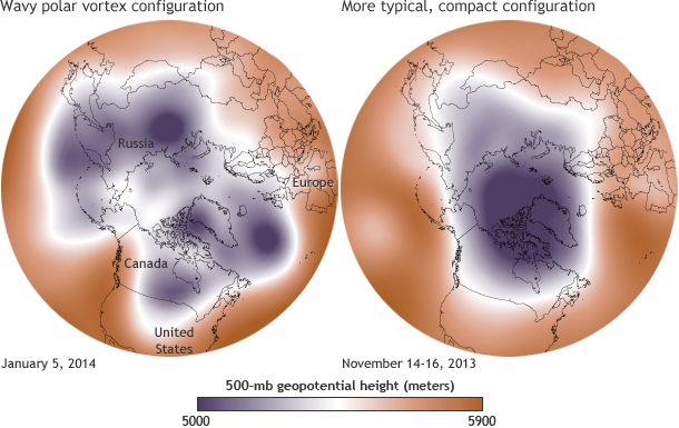 Polar vortex areas: January 5, 2014, widespread & wavy polar vortex. mid November 2013, typical more ovular centered over north pole