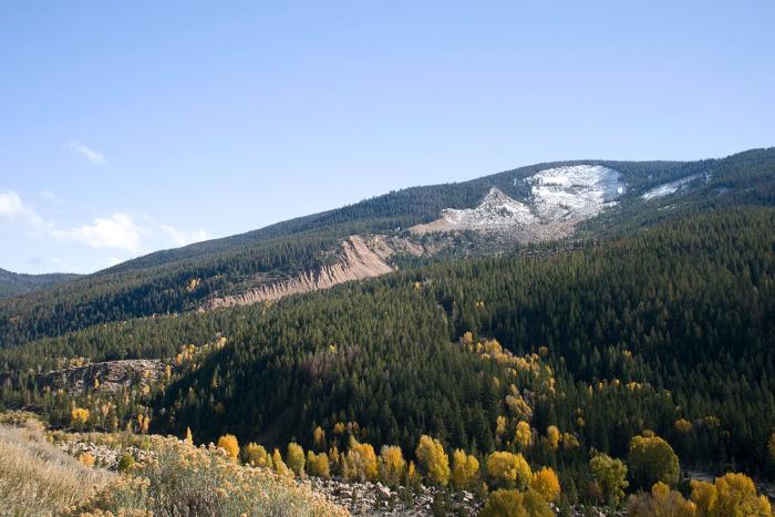 The Gros Ventre slide with trees in the foreground