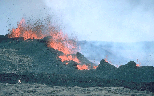 Fissure Eruption at Mauna Loa and a person standing to the left in front of the volcano.