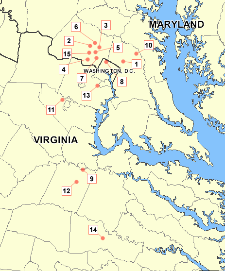 Map of Virginia and Maryland where serial killings took place
