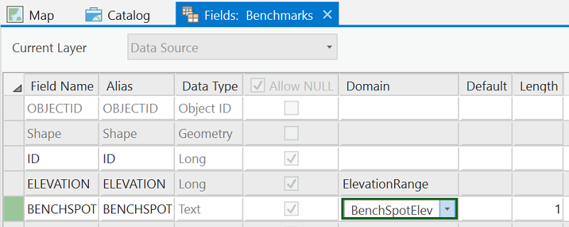 screen capture of Field Properties dialog, assigning the BenchSpotElev domain to the BENCHSPOT field