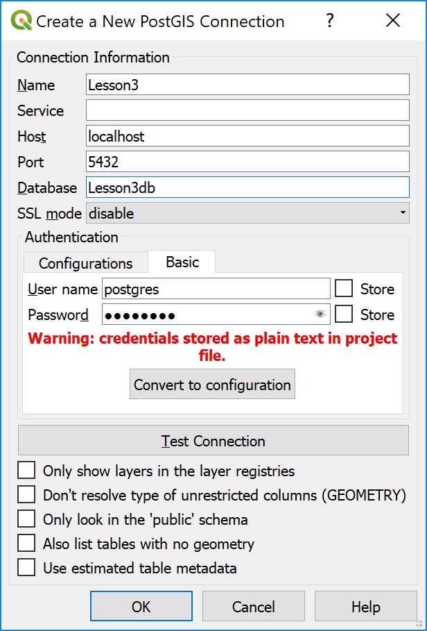 The Create a New PostGIS connection dialog, showing Lesson3db connection settings as described in text above.
