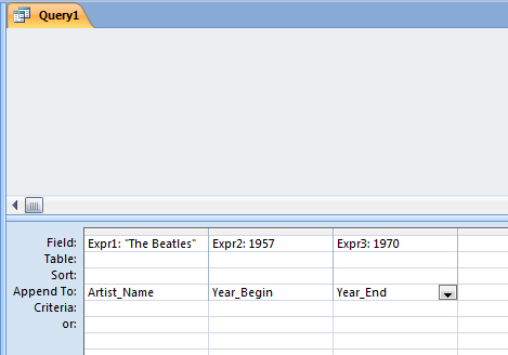 see caption. Append to query has 3 columns (L-R), name begin, year begin, year end