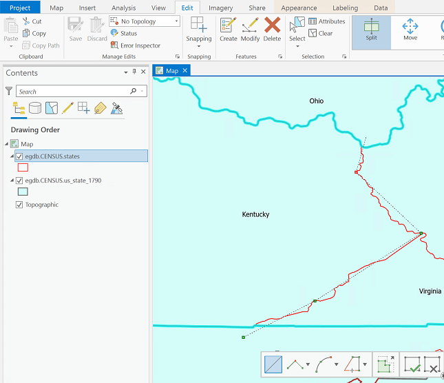 Screen capture of Cutting with State layer Virginia to create Kentucky prior to completion