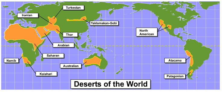 Map highlighting the world's major deserts